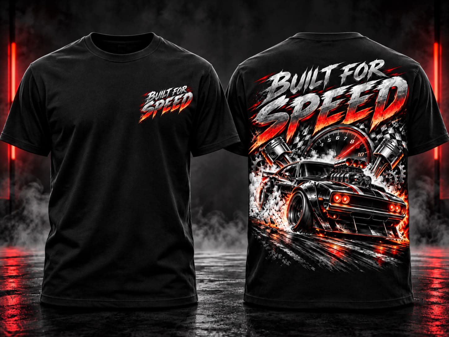 Black tee shown front and back: a small Built for Speed logo on the chest; a muscle car, pistons and tachometer on the back.