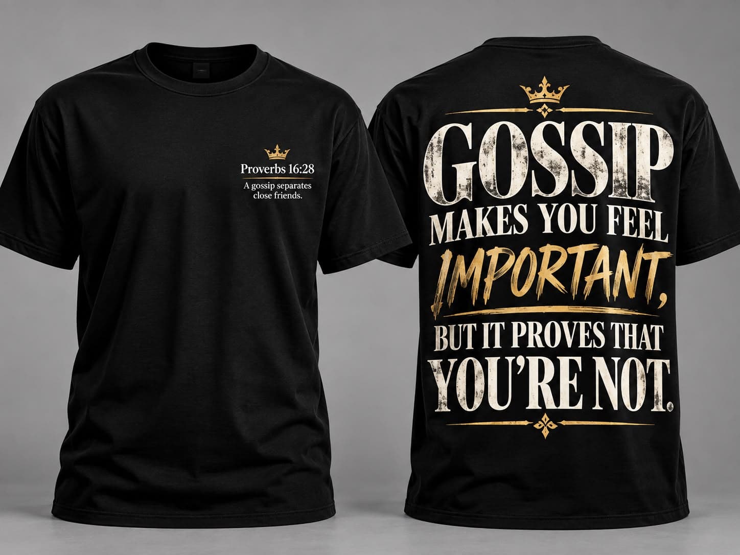 Black tee shown front and back: a small crown and Proverbs 16:28 on the chest; the back reads Gossip makes you feel important, but it proves that you're not.