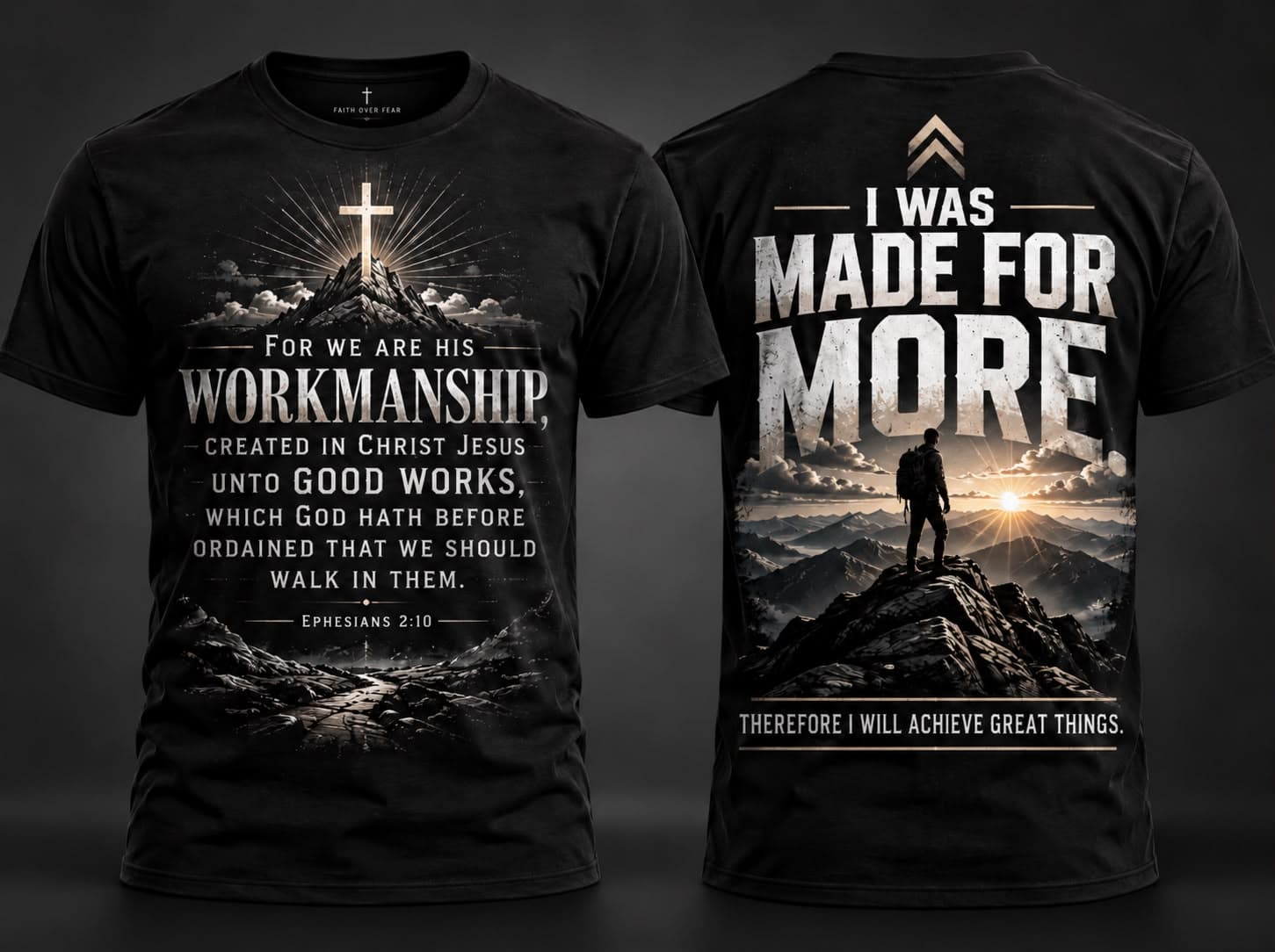 Black tee, front with Ephesians 2:10 and back reading I was made for more with a hiker on a summit.