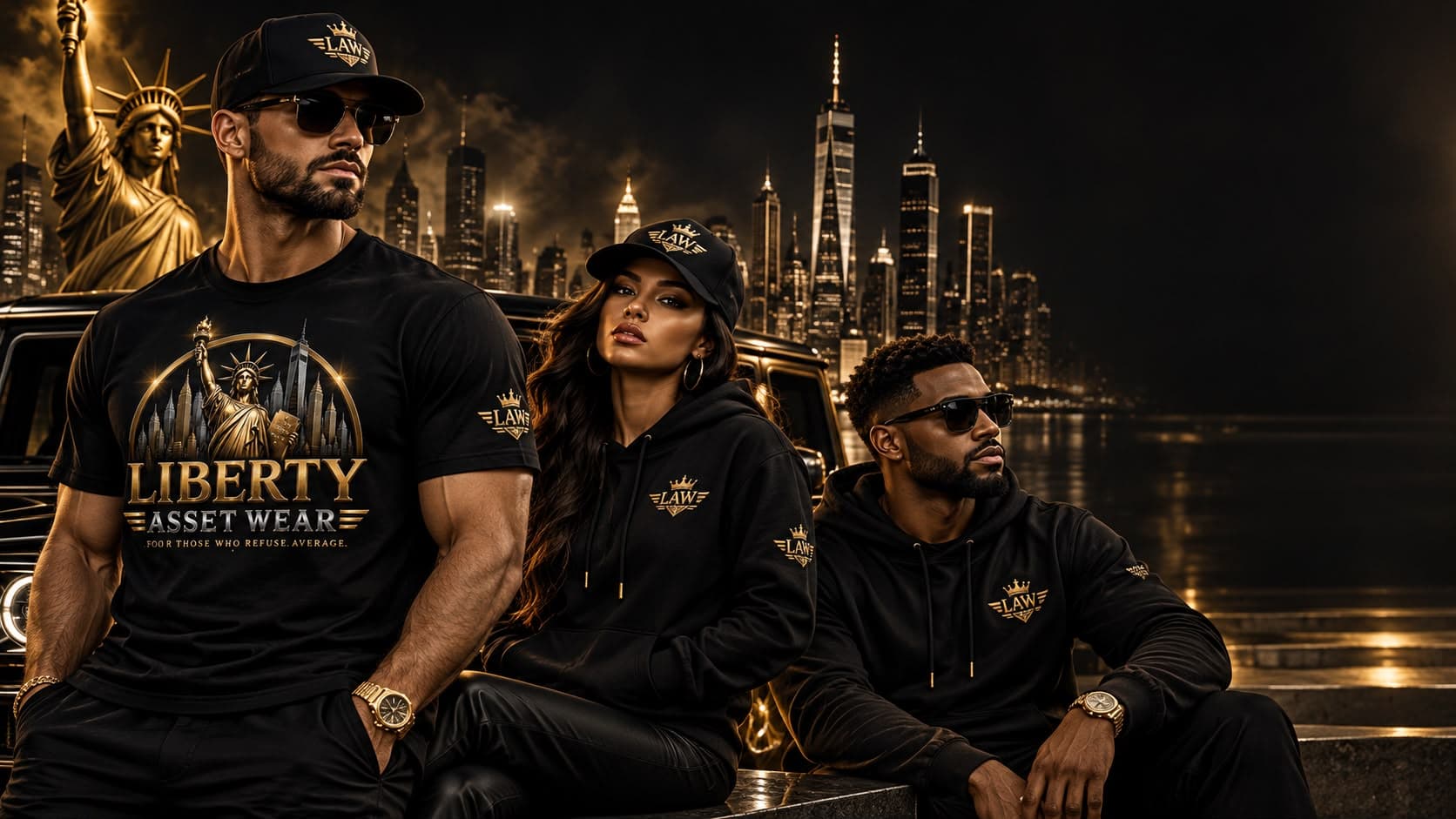 A man, a woman and a second man in black Liberty Asset Wear caps, tees and hoodies against a gold-lit New York skyline.