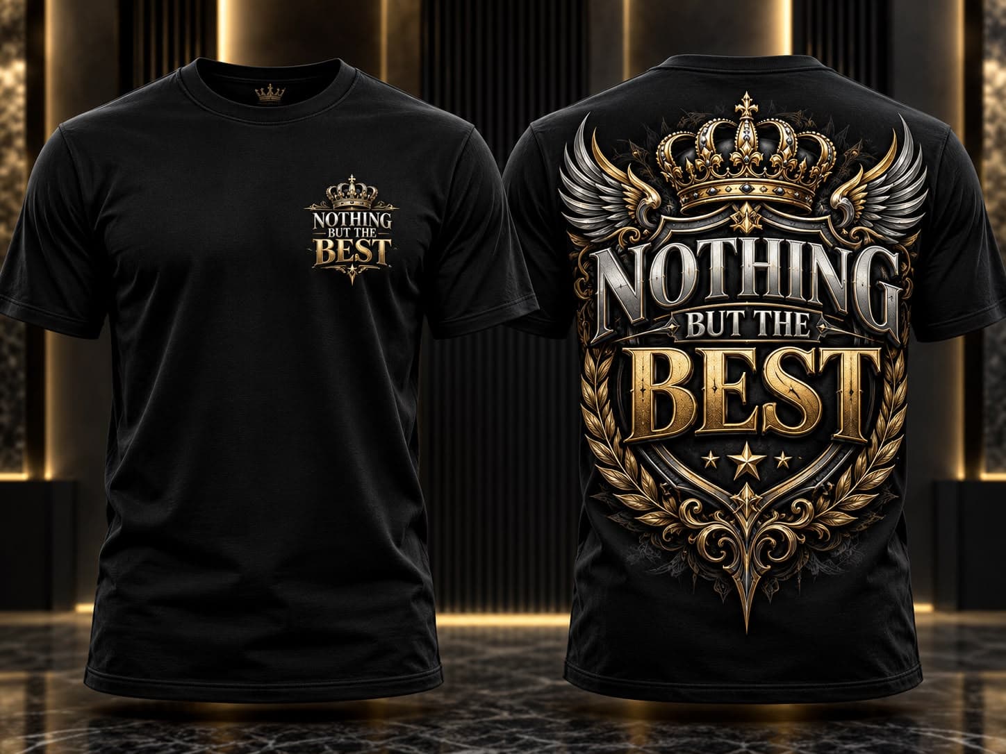 Black tee shown front and back: a small crown mark on the chest, and a large gold and silver crown, wings and laurel crest reading Nothing But the Best on the back.